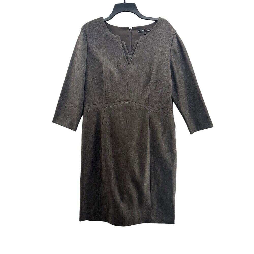 Preston & York Womens Sheath Dress Brown Pleated 3/4 Sleeve Classic 14